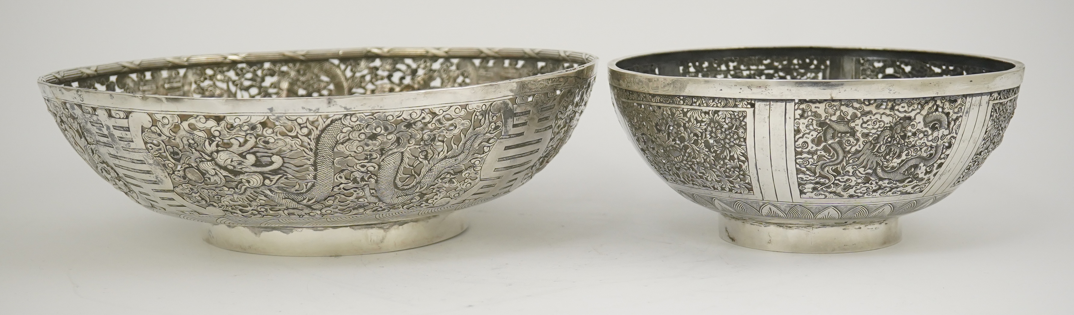 Two early 20th century Chinese Export pierced silver circular bowls